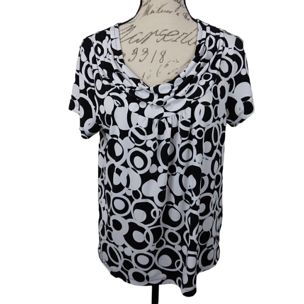 Rafaella | Black White Circle Print Short Sleeve Top | Size L